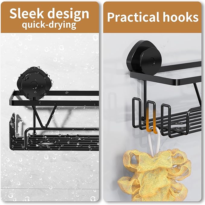 ZUNTO Suction Cup Shower Caddy with Hooks for Bathroom, No Drill and Reusable, Removable Shower Shelf for Organizer and Storage, Damage-free with Large Capacity for Wall