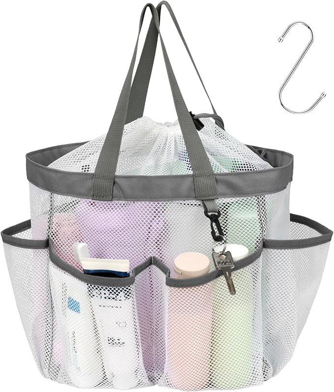 F-color Mesh Shower Caddy Portable with Drawstring - Large 8 Pockets Dorm Room Essentials for Guys Girls with S Hook, Shower Bag Basket Tote for College Camping Gym Travel Toiletry Bathroom, White