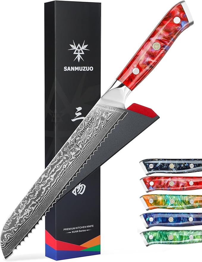 SANMUZUO 8” Bread Knife Serrated Kitchen Chef Knife- Damascus Steel & Resin Handle - Xuan Series (Sapphire Blue)