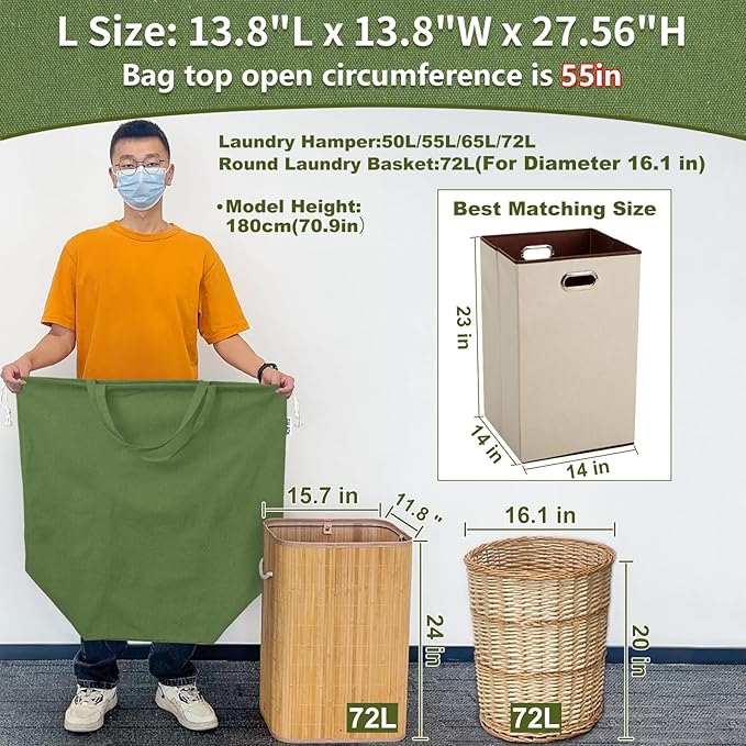 Canvas Laundry Bags with Handles & Square Base 13.8"Lx13.8"Wx27.6"H, Large Heavy Duty Laundry Basket Hamper Liner, College Dorm Washable Drawstring Canvas Dirty Clothes Bag (Army Green)