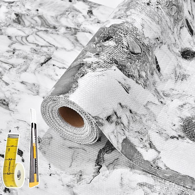Drawer and Shelf Liner for Kitchen Cabinet: 17 in X 20 Ft Non Slip Waterproof Shelf Paper Non Adhesive Refrigerator Liners Grey and White Marble Easy Liners for Bathroom with Knife Tape Measure