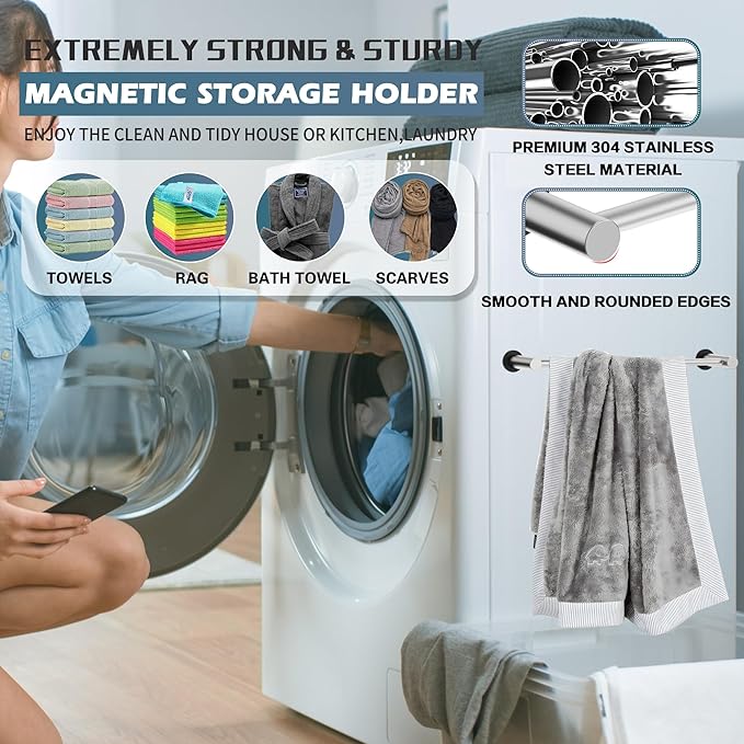 ULIBERMAGNET Magnetic Towel Holder,1 Set Magnetic Towel Rail Silver with Adjustable Length, Non-Slip Stainless Steel Towel Rail for Refrigerator, Oven, Dishwasher, Cabinet, Laundry