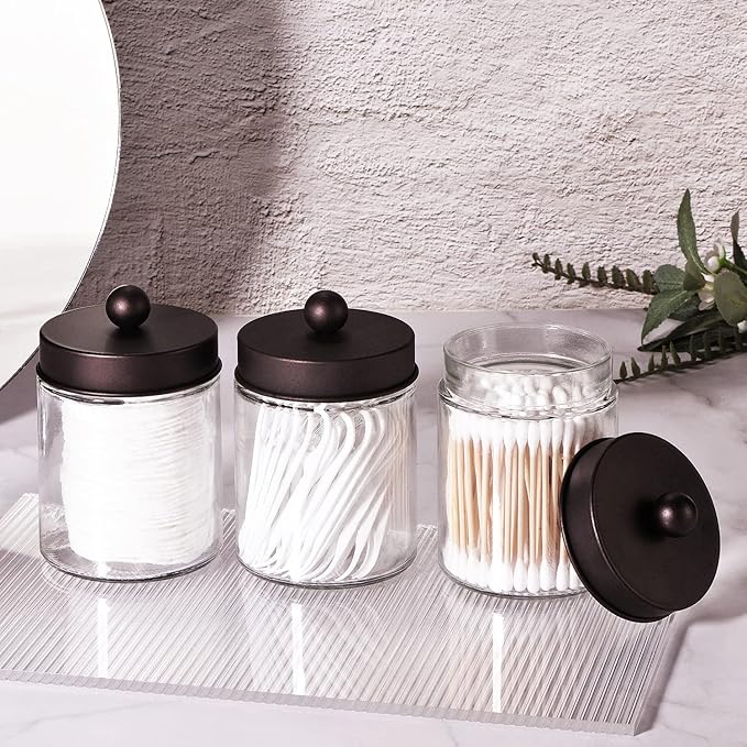 Apothecary Jar Canisters Bathroom Vanity Organizer - Qtip Holder Storage Organizer Countertop -Stainless Steel Lids &Cute Stickers for Qtips,Cotton Swabs,Makeup Sponges,Floss(3 Pack) (Bronze)