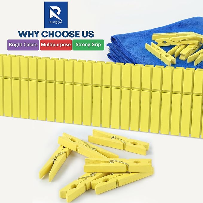 RIVEDA 50pcs Colored Wooden Clothes Pins, 2.9inch, Clothespins for Classroom, Clip Hanging Photos, DIY Clips for Crafts, Decorations (Yellow)