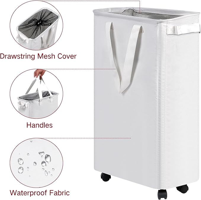 efluky Slim Laundry Hamper with Wheels, Rolling Laundry Basket for Clothes, Small Laundry Basket for Bedroom, Dorm and Laundry Room, 60L (12.7 Gallons) White