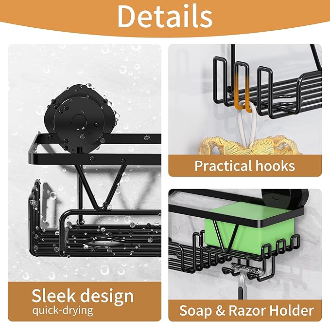 ZUNTO Suction Cup Shower Caddy for Bathroom - No Drill Wall Mount Shower Organizer - Rustproof Heavy Duty Storage Rack with Soap Holder and Hooks, Reusable and Removable