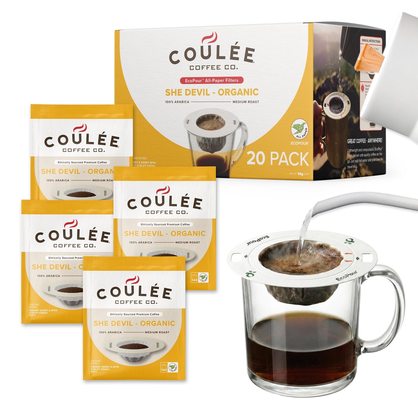 Coulée EcoPour Coffee Variety Pack, Single Serve, 4 Flavors, 20 Pack