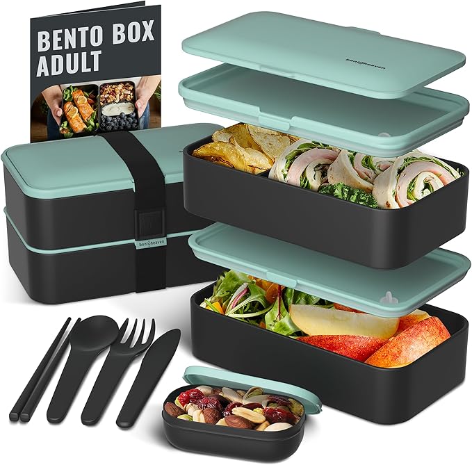 Bentoheaven Bento Box Adult, Stackable Lunch Box, 40 oz, Symph Onyx