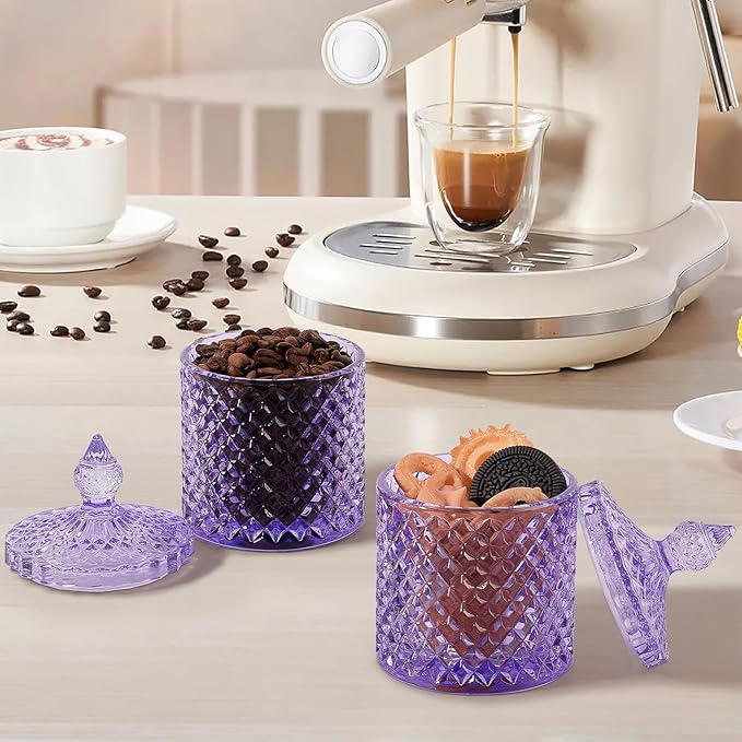 2 Pack Qtip Holder Thick Glass Apothecary Jars with Lid for Bathroom Decor Storage Organizer for Cotton Swabs, Balls, Pads, Floss Picks, Candy, Jewelry, Purple