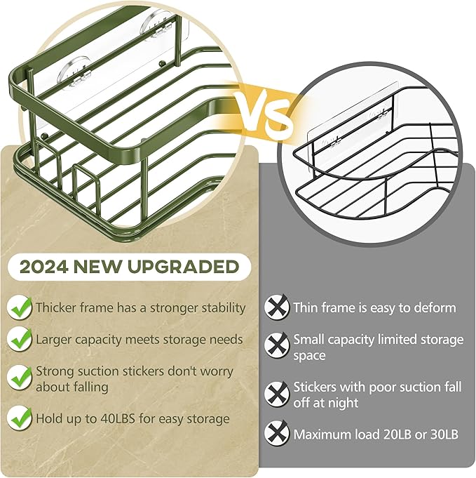 MAXIFFE 3 Pack X-Large Corner Shower Caddy with Soap Holder, Large Capacity Easy Install No Drilling Stainless Steel Hold 40 LB Shower Organizer Shelves Rack for Family Renters Bathroom, Forest Green