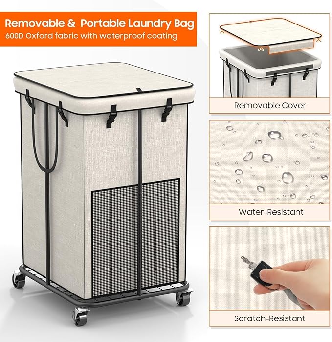 160L Laundry Hamper with Lid, Rolling Laundry Basket with Wheels, Large & Tall Dirty Clothes Hamper with Metal Frame and Removable Bag for Bedroom Aesthetic, Laundry Room, Bathroom, Dorm-White