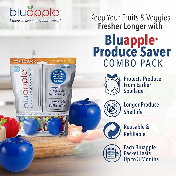 Bluapple Produce Saver Ethylene Gas Absorber - Fresh Fruit & Vegetable Storage for Refrigerator, Each Packet Lasts 3 Months, Produce Storage, BPA Free - Combo Pack (8 Packets & 2 Bluapples for 1 Year)