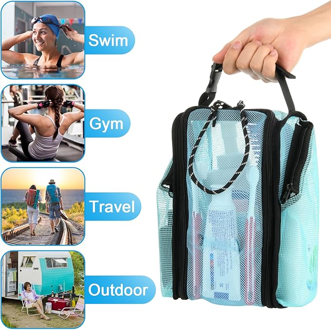 Cosmos Mesh Shower Caddy Toiletry Organizer Hanging Shower Tote Bag, Quick Dry Shower Organizer Portable Bath Bag with Durable Zippers & Side Pockets for Travel Gym Swimming Beach & Camp (Aqua Blue)