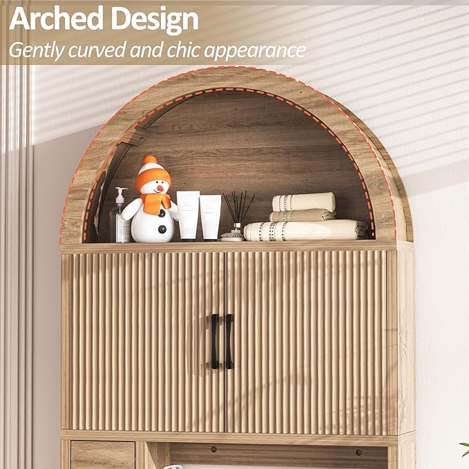 Spurgehom Over The Toilet Storage Cabinet, Bathroom Shelf Organizer Freestanding, Bathroom Arch Cabinet Over Toilet with Toilet Paper Holder and Anti-Tipping Device, Wood