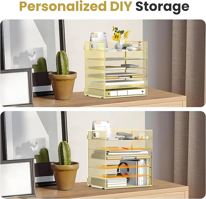 Daltack 6 Tier Paper Organizer for Desk, Paper Letter Tray Organizer for Desks, Mesh Desk File Organizers with Handle for Office, Home, School, Gold