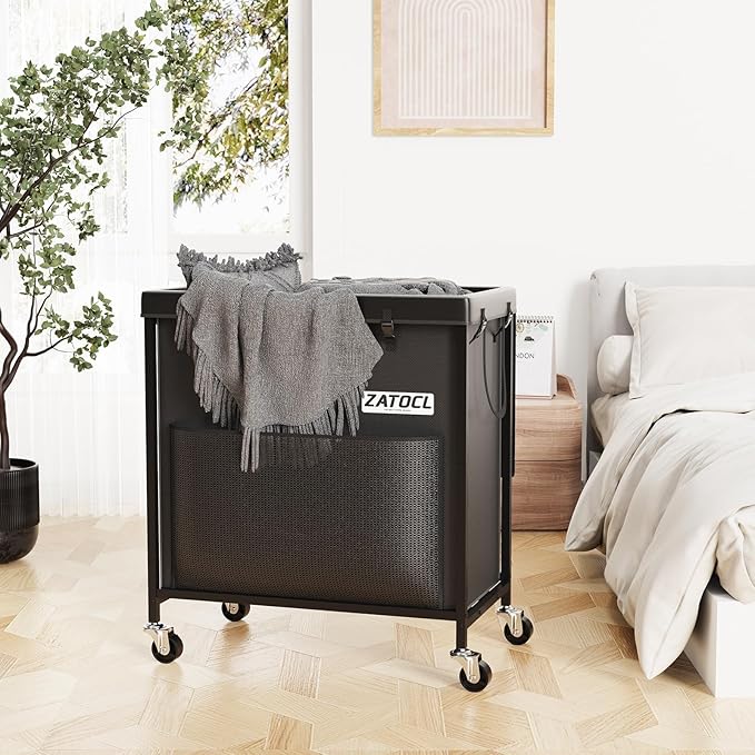 220L Laundry Hamper with Lid, Heavy Duty Laundry Basket with Wheels, Large Capacity Dirty Clothes Hamper with Thick Iron Frame & Removable Bag, Rolling Laundry Hampers for Bathroom Bedroom Aesthetic