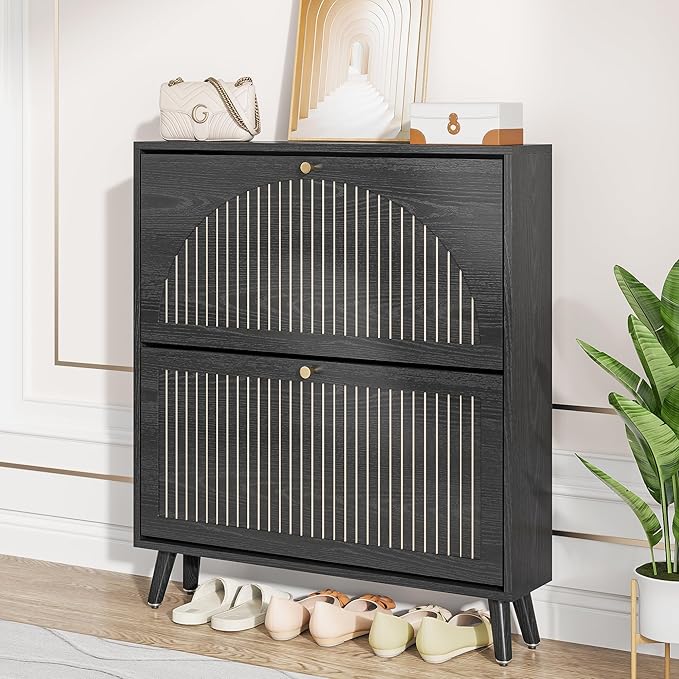 Shoe Storage Cabinet for Entryway with 2 Flip Drawers, Narrow Wood Shoe Cabinet with Fluted Panel, Freestanding Hidden Shoe Organizer for Foyer, Hallway (Black - No Shelf)