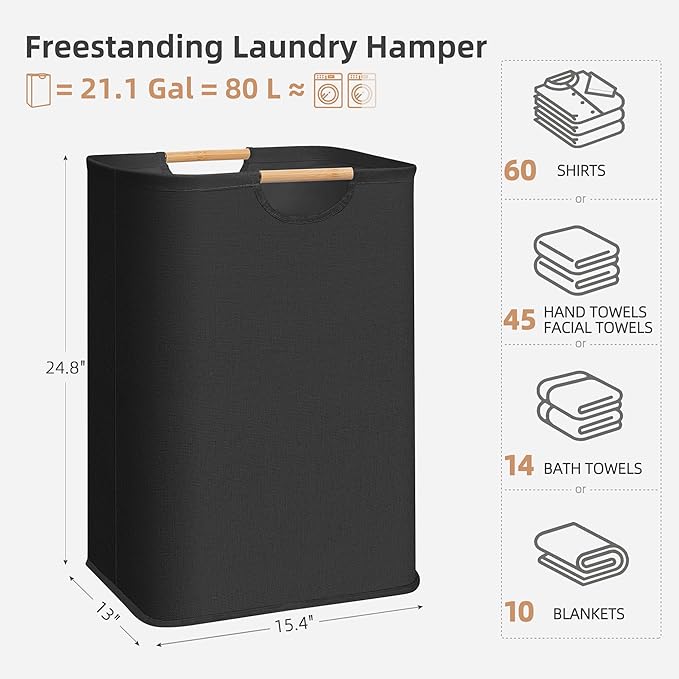 STORAGE MANIAC 2-Pack Large Laundry Hamper, 80L (21.1 Gal) Collapsible Laundry Basket with Bamboo Handles, Freestanding Waterproof Clothes Hamper for Bedroom, Dorm, Towels, Toys, Black+White