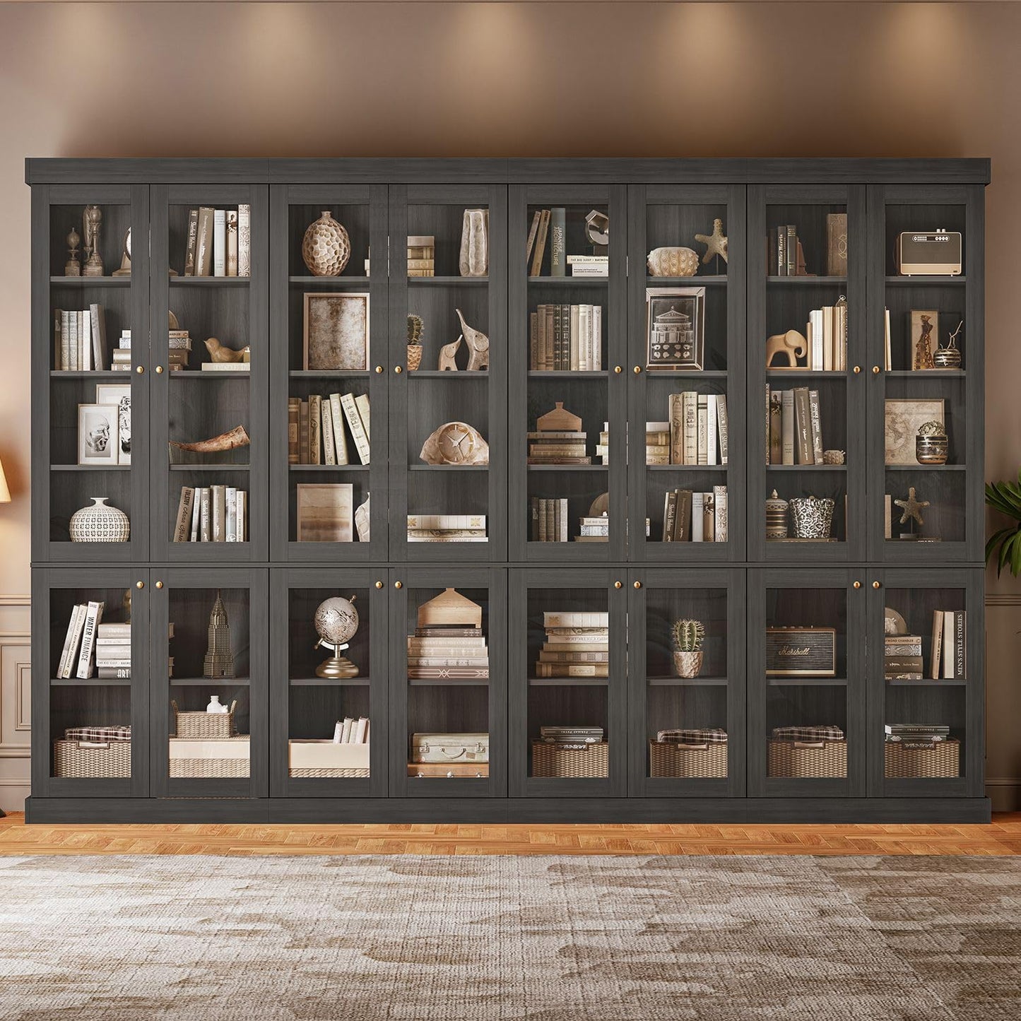 ivaniti 70.8" Tall Bookshelf with Doors, Farmhouse Modular Bookcase with 4-Tier Adjustable Shelves, Large Storage Cabinet for Home Office, Living Room, Brown, Set of 2