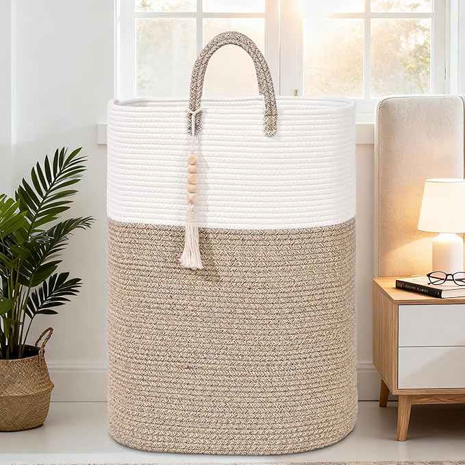 Woven Laundry Basket for Clothes, 100L Large Rectangle Laundry Hampers with Beads Tassel, Nursery Storage Basket for Toys, Tall Dirty Clothes Hamper for Bedroom Aesthetic, Laundry Room Organization