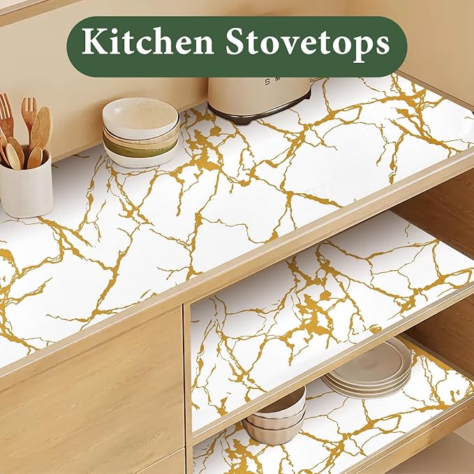 Drawer and Shelf Liner for Kitchen Cabinet Non Slip Waterproof Shelf Paper 17.5 in X 30 Ft Non Adhesive Refrigerator Liners Gold White Marble Easy Liners for Bathroom Cupboard
