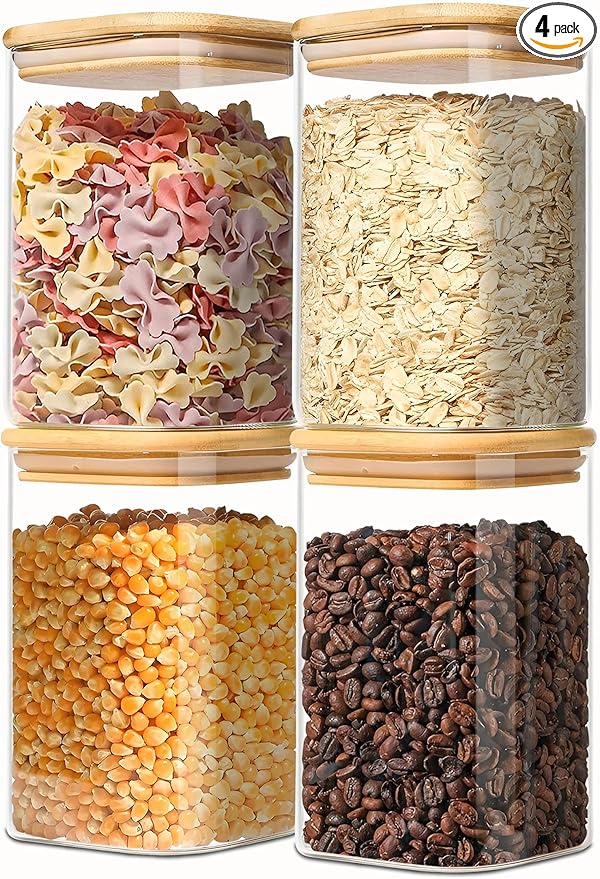 HVOPGEEUAN 2.2 Qt Square Glass Storage Containers with Lids, Clear Food Storage Container Jar with Sealing Bamboo Lid Storage Containers for Pasta, Oats, Coffee, Flour, Sugar (Square -3Pack)