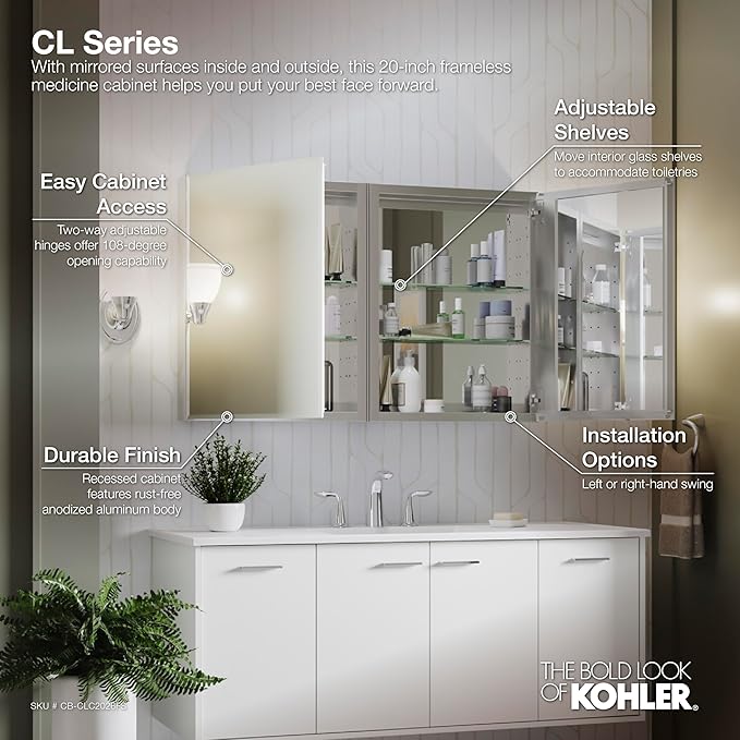 Kohler CB-CLC2026FS Frameless Bathroom Mirror Medicine Cabinet, Single Door, Rectangular Beveled Edge Frame, Bathroom Cabinet Mirror, Adjustable Shelves, 20 in. W x 26 in. H