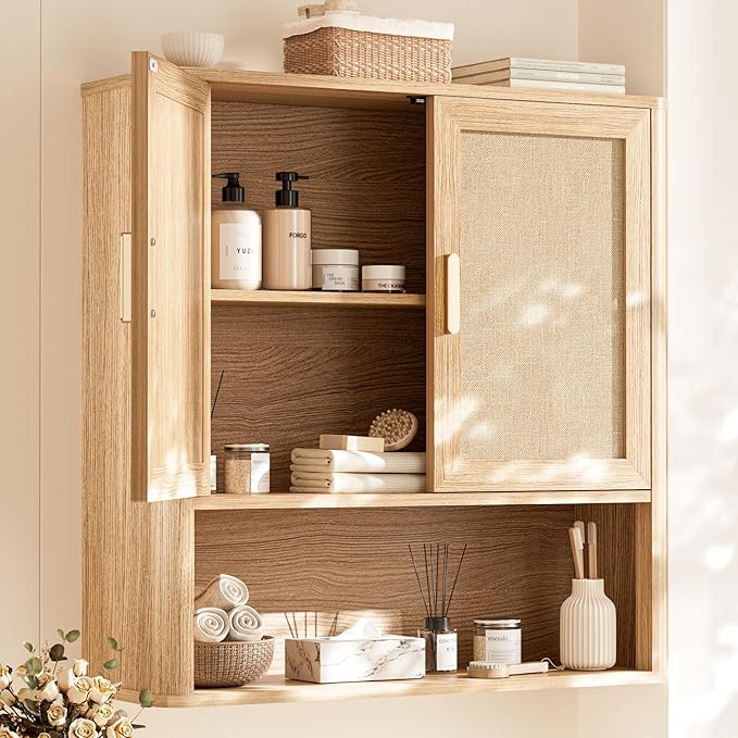 Rattan Bathroom Wall Cabinet with Open Compartments, Wall-Mounted Medicine Cabinet with Adjustable Wood Shelf & Doors, Over The Toilet Storage Cabinet for Laundry Room & Kitchen & Living Room