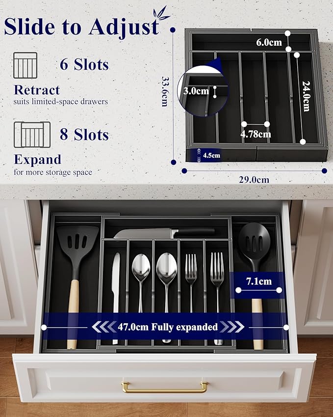 Kitsure Silverware Organizer - Expandable Bamboo Kitchen Drawer Organizer for Cooking Utensils and Cutlery, Sturdy & Thickened Kitchen Organizers and Storage Solution, Large, Black