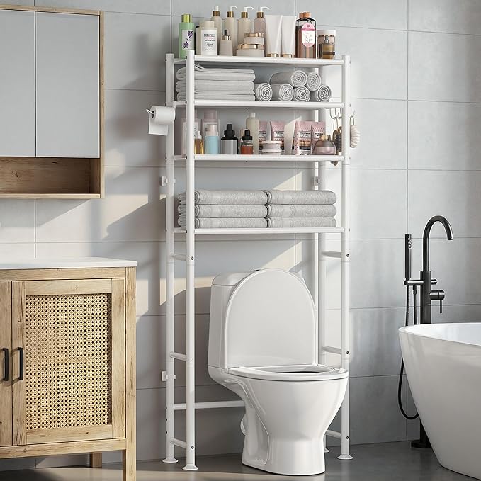 4-Tier Over The Toilet Storage Cabinet, Space Saver Over Toilet Bathroom Organizer and Storage, Metal Shelves for Bathroom/Living Room/Laundry/Balcony, White