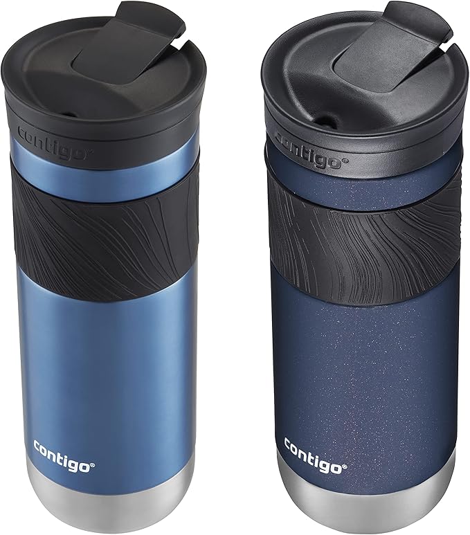 Contigo SNAPSEAL Insulated Stainless Steel Travel Mug with Grip 20oz. Blue Corn Transparent Satin & Midnight Berry,(Pack of 8)