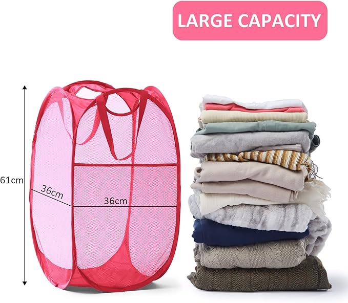 TECHMILLY Collapsible Mesh Pop Up Laundry Hamper with Sturdy Handles and Side Pocket - Portable Foldable Clothes Baskets for Dorm, Bathroom & Travel Storage (Pink)