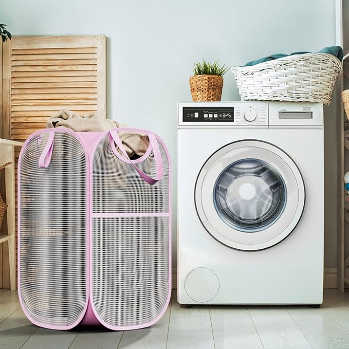 Strong Mesh Pop-up Laundry Hamper, Quality Pop Up Hampers for Laundry with Durable Handles Solid Bottom High Carbon Steel Frame, Easy to Open and Fold Flat for Storage(Light Pink)