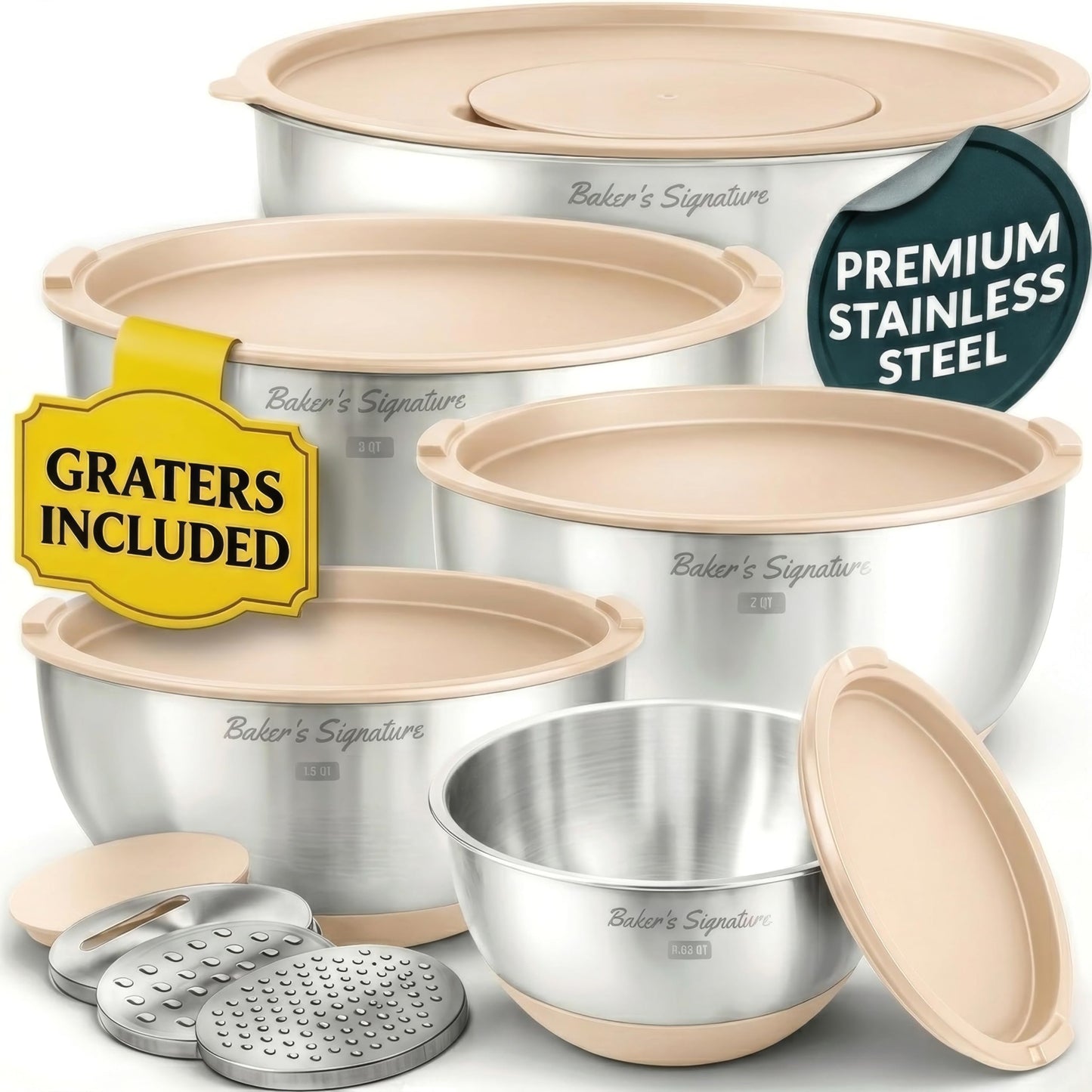 Stainless Steel Mixing Bowls with Lids Set of 5, 3 Graters, Black