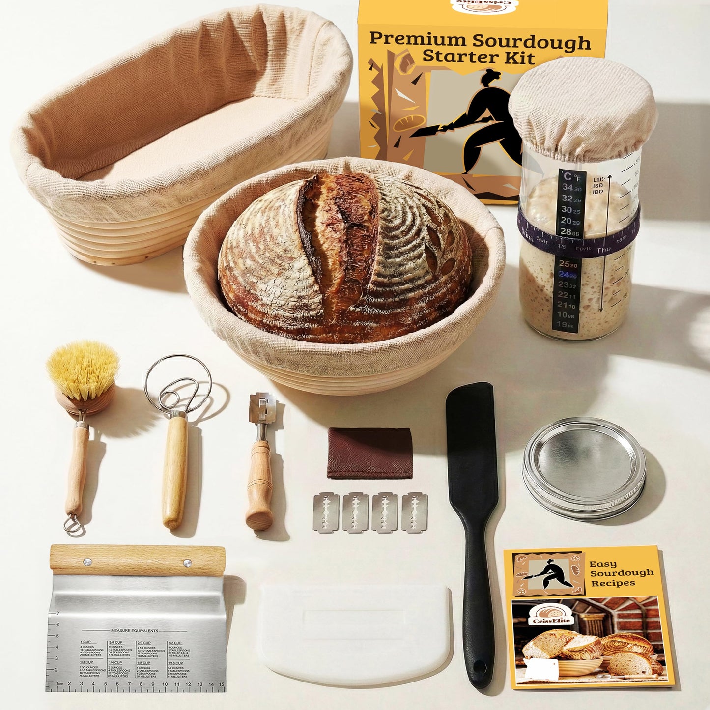 Sourdough Starter Kit for Beginners – 9” Banneton Bread Proofing Basket with 24oz Glass Sourdough Starter Jar & Sourdough Bread Baking Supplies, Easy No-Fail Kit, Gift for Home Bakers
