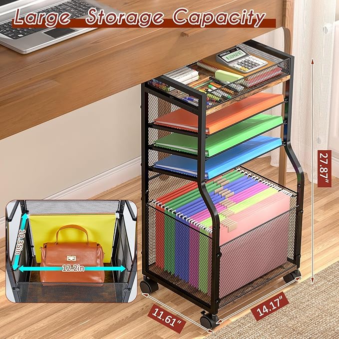 5-Tier Rolling File Cart with Hanging File Folders, Mobile Desk File Organizer on Lockable Wheels, Wood & Mesh Paper Letter Sliding Trays Organization for Office, Home, School, Patent
