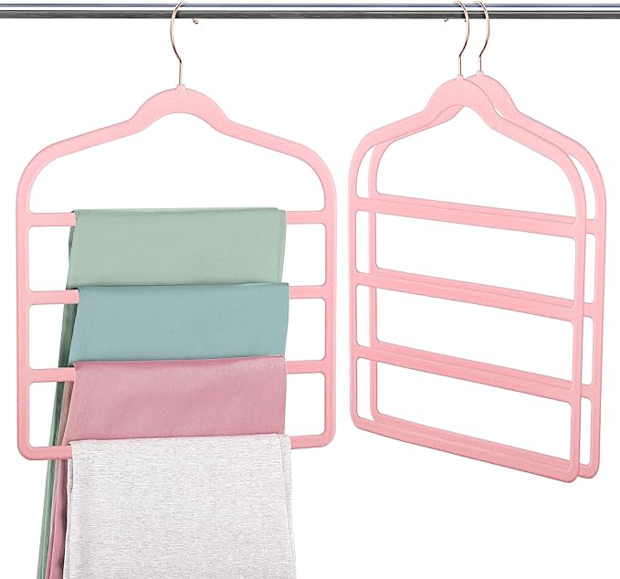 Velvet Pants Clothes Hanger Space Saving Non Slip Pants Shorts Hanger, Myfolrena Jeans Slack Trousers Hangers Multiple Velvet Hanger Closet Storage and Organization for Jeans,Scarf,Tie(Pink, 3)