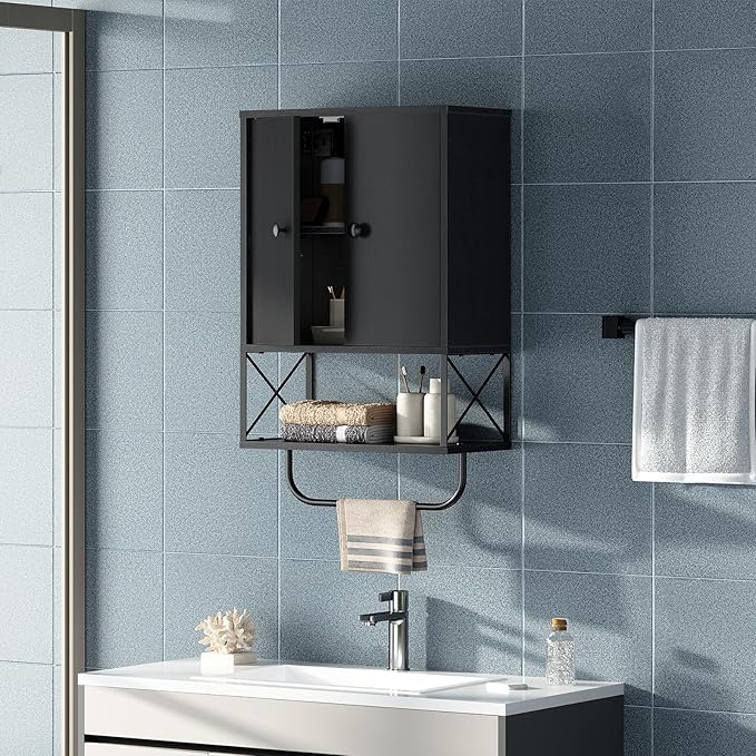 Bathroom Wall Cabinet with 2 Door and Adjustable Shelf, Farmhouse Medicine Cabinet with Towel Rack, 3-Tier Wall Mounted Storage Cabinet Over The Toilet for Bathroom Laundry Room, Black