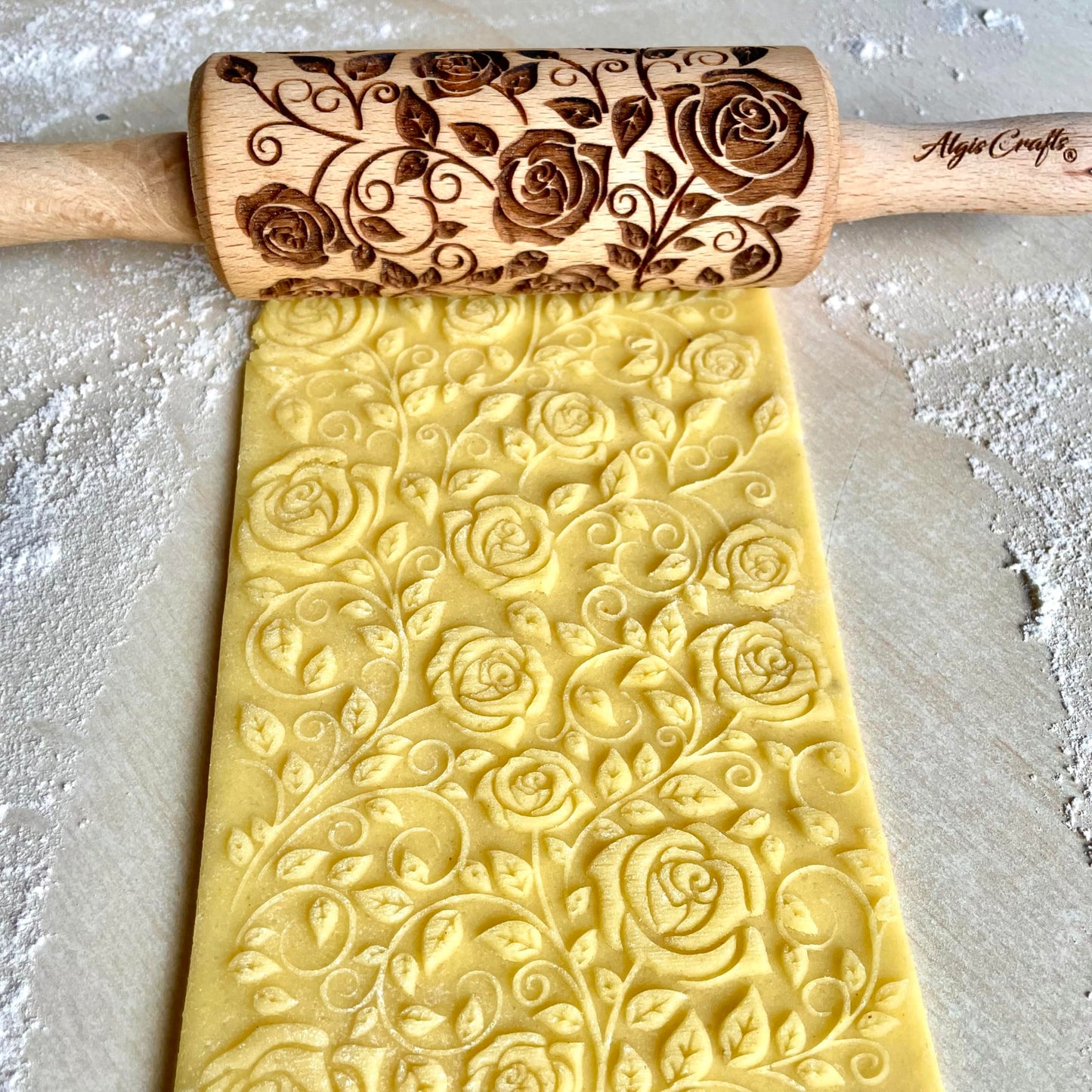 SEASONS 3 Mini Embossed Rolling Pin Set. Wooden Laser Cut Mini Rolling Pins for cookies or clay with spring flowers, tulips, daffodils, strawberries, raspberries, birch, trees by Algis Crafts