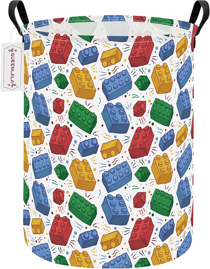 QUEENLALA Large Storage Basket,Laundry Hamper/Bathroom/Home Decor/Collapsible Round Storage Bin,Boys and Girls Hamper/Boxes/Clothing(Round-Blocks)