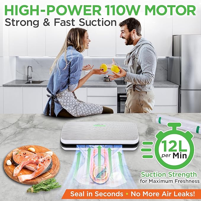 NutriChef Automatic Vacuum Air Sealing System for Food Preservation with Starter Kit, Compact Design, Lab Tested, Dry & Moist Food Modes with Led Indicator Lights, Silver