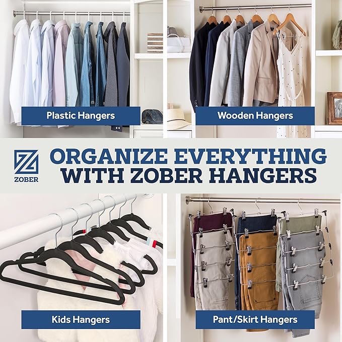 ZOBER Black Wooden Hangers - Heavy Duty, Non Slip Wood Hangers for Coats, Jackets, Suits, & Pants - Coat Hangers for Closet W/Bar and Notches 20 Pack