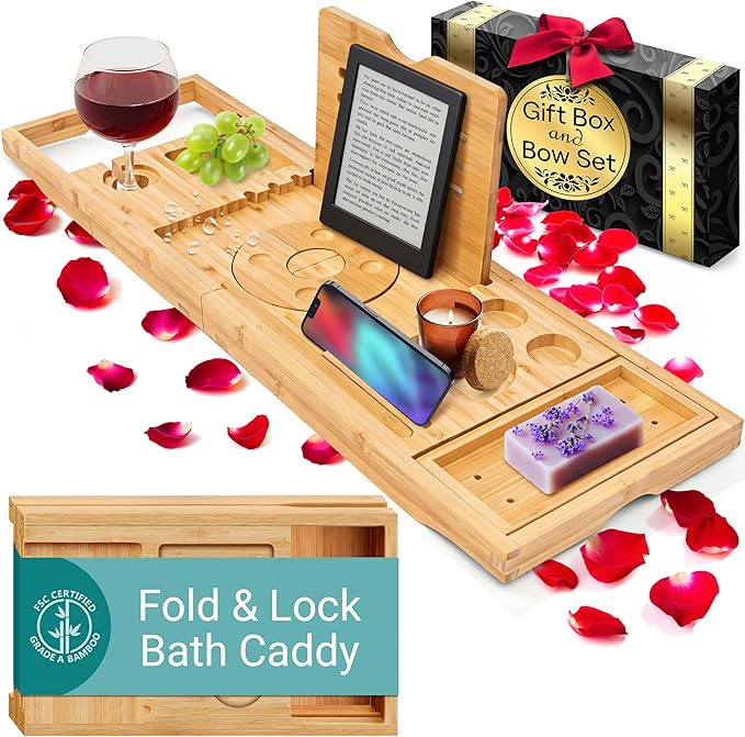 SereneLife Premium Foldable Bathtub Tray with Gift Box and Bow Set, Expandable Bath Tray, Unique House Warming Gifts, for Mom, Women, New Home, Wedding, Anniversary, Bridal Shower, Fit for All Tub