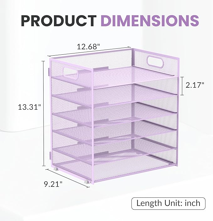 Daltack 6 Tier Paper Organizer for Desk, Paper Letter Tray Organizer for Desks, Mesh Desk File Organizers with Handle for Office, Home, School, Purple