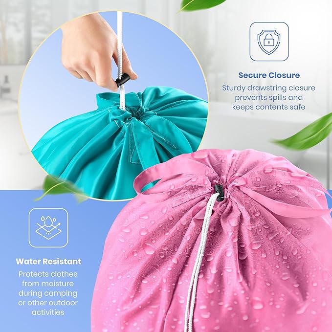 Extra Large Travel Laundry Bag - 2-Pack Fun Print Design Bags for Dirty Clothes - Durable Water-Resistant Fabric - Sturdy Drawstring Closure (Pink-Teal | Wash Dry Repeat)