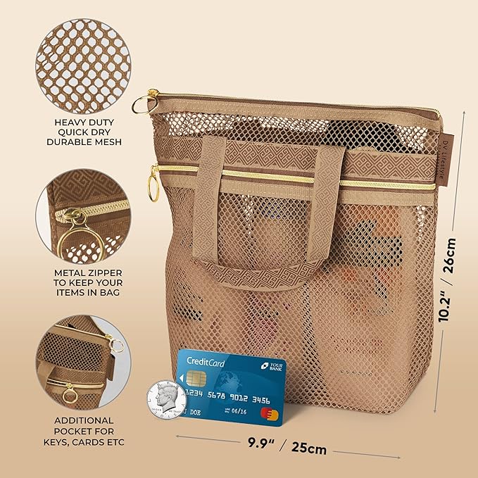 Mesh Shower Bag 10.2x9.9'' Quick-Dry Caddy with Zipper & 2 Pockets. Portable Toiletry Tote for Bathroom, Gym, Travel, Camp, Beach, for Sunscreen, Dorm & College Essentials (Brown)