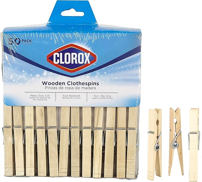 Clorox Wood Clothespins with Spring – Value Pack Set of 50 | Rust Resistant, Heavy-Duty Coil, Non-Slip Grip for Line Drying Laundry, Chip Clips, Crafts, 50 Pack