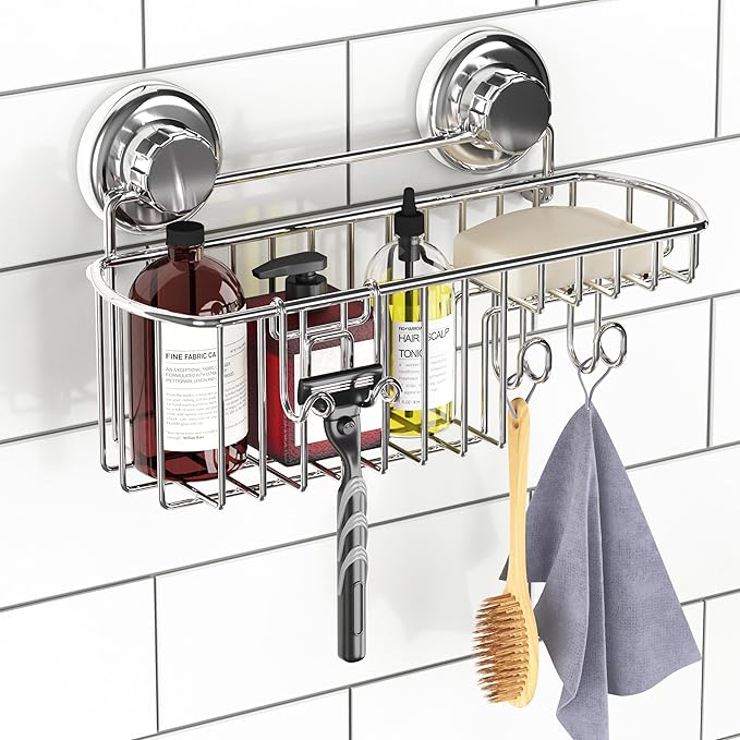 HASKO Suction Cup Shower Caddy Basket for Shampoo, Shower Suction Shelf Organizer, Basket with Soap Holder and Hooks, Stainless Steel Shampoo Holder for Bathroom Storage, Chrome
