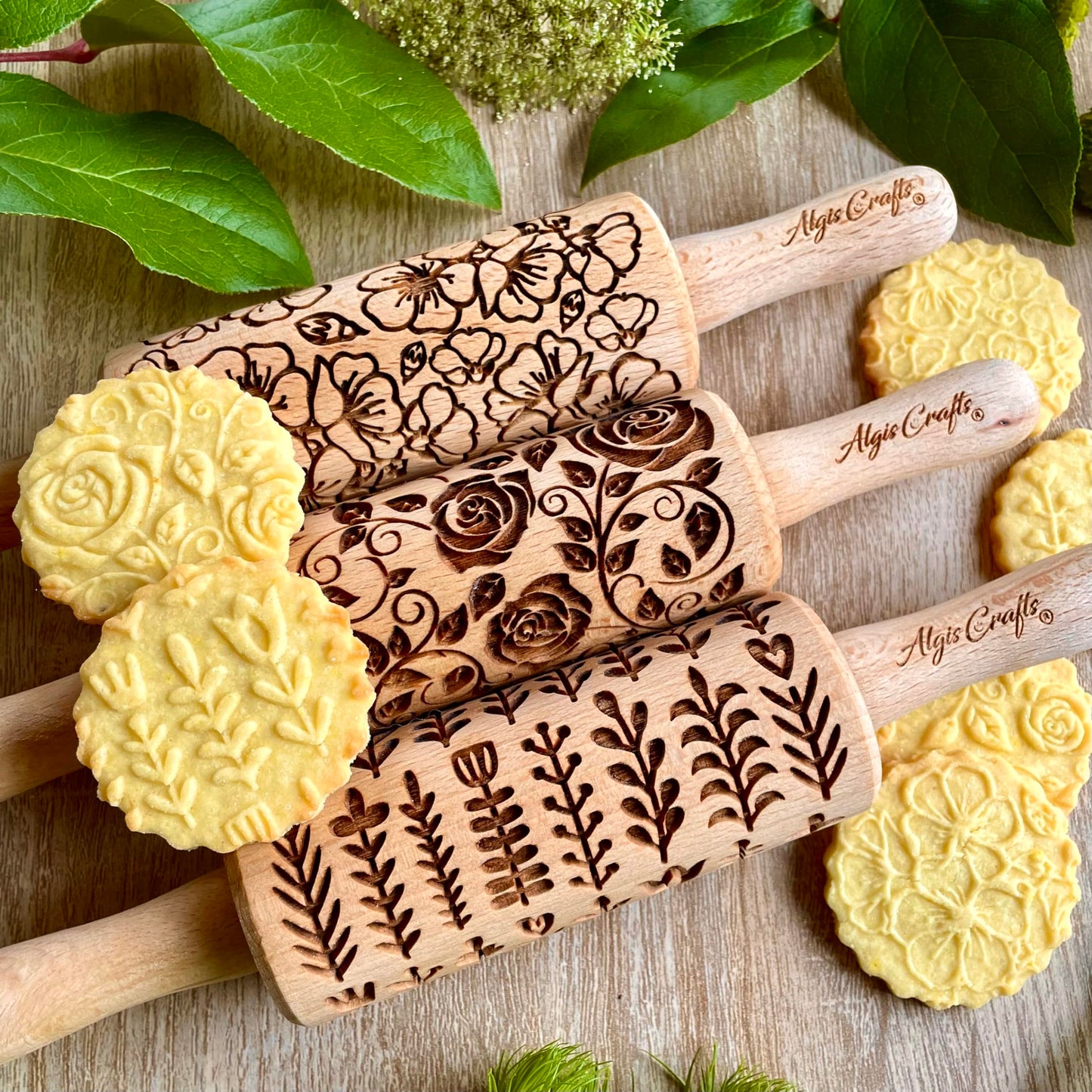 SEASONS 3 Mini Embossed Rolling Pin Set. Wooden Laser Cut Mini Rolling Pins for cookies or clay with spring flowers, tulips, daffodils, strawberries, raspberries, birch, trees by Algis Crafts