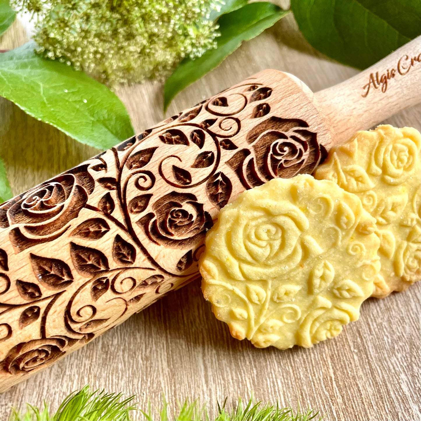SEASONS 3 Mini Embossed Rolling Pin Set. Wooden Laser Cut Mini Rolling Pins for cookies or clay with spring flowers, tulips, daffodils, strawberries, raspberries, birch, trees by Algis Crafts